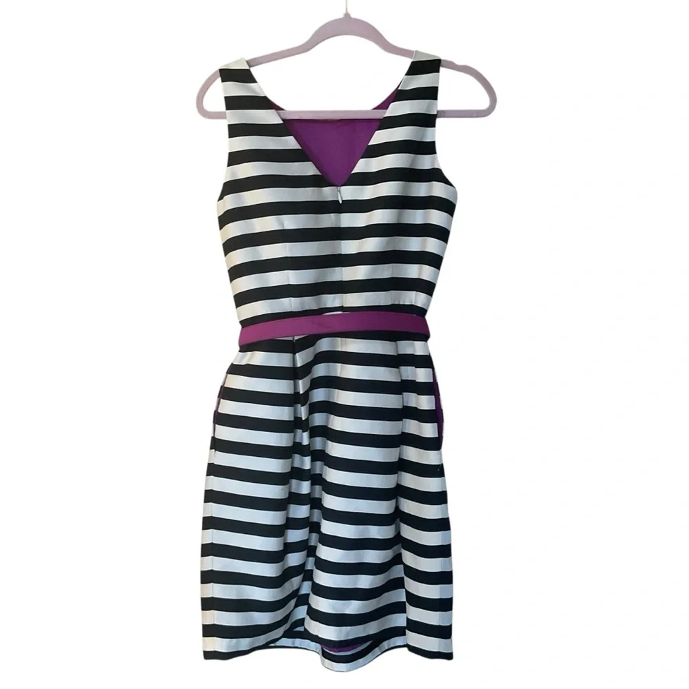 White House Black Market Black White Striped Fit & Flare Dress Purple Belt - Picture 4 of 9